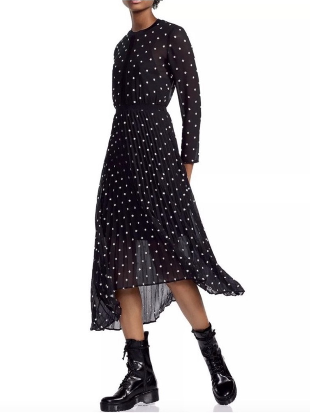 Maje Black Sheer / White Daisy Pleated Midi Dress | Size 1 US S